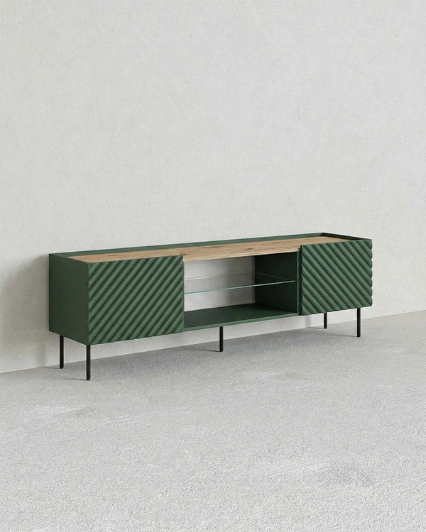 Madia Antho - Set Marea - Mobile Tv moderno - Vano con ripiano a vetro incluso - 2 ante - L. 181 cm x H. 58 cm x P.40 cm - Verde, piedini color nero - doomostore