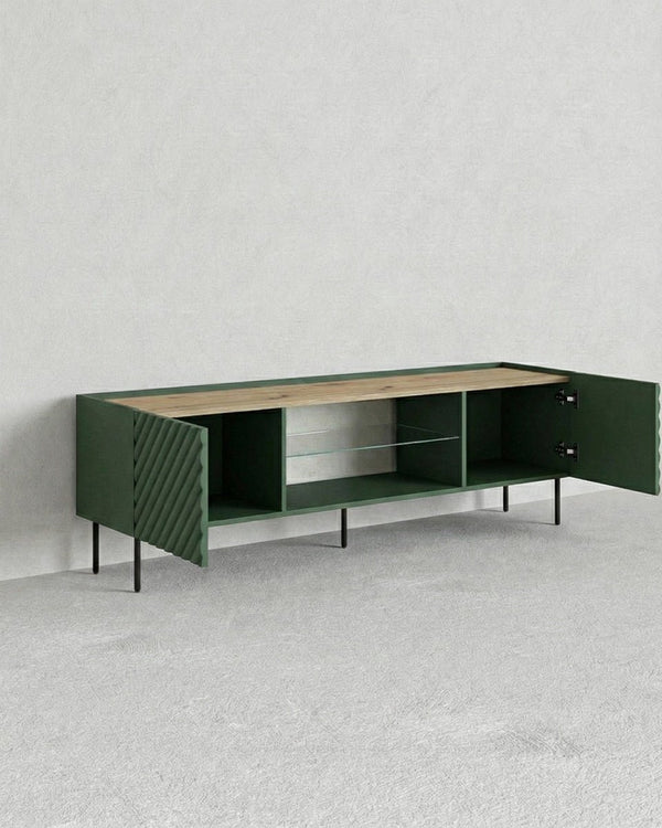 Madia Antho - Set Marea - Mobile Tv moderno - Vano con ripiano a vetro incluso - 2 ante - L. 181 cm x H. 58 cm x P.40 cm - Verde, piedini color nero - doomostore