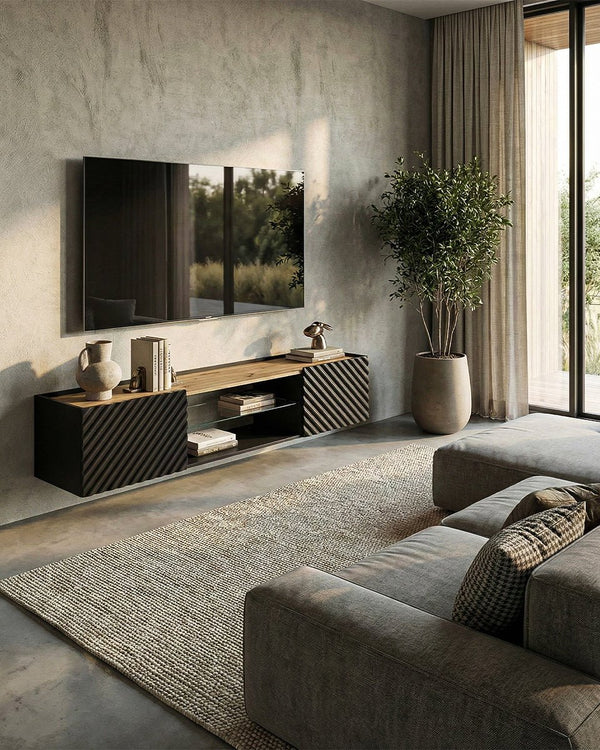 Madia Larus - Set Marea - Mobile Tv sospeso moderno - Vano con ripiano a vetro incluso - 2 ante - L. 181 cm x H. 39 cm x P.40 cm - Nero - doomostore