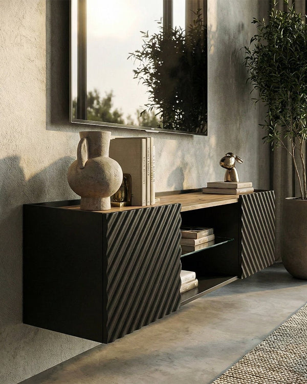 Madia Larus - Set Marea - Mobile Tv sospeso moderno - Vano con ripiano a vetro incluso - 2 ante - L. 181 cm x H. 39 cm x P.40 cm - Nero - doomostore