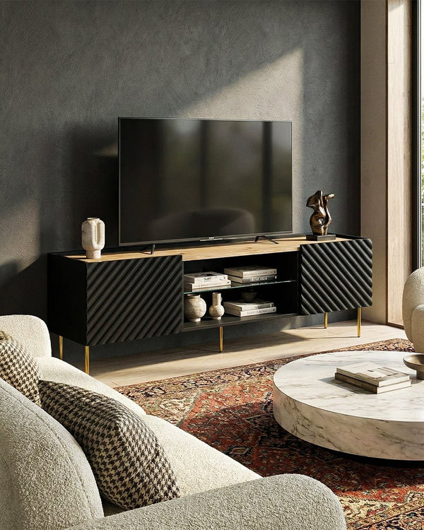 Madia Nassa - Set Marea - Mobile Tv moderno - Vano con ripiano a vetro incluso - 2 ante - L. 181 cm x H. 58 cm x P.40 cm - Nero, piedini color oro - doomostore