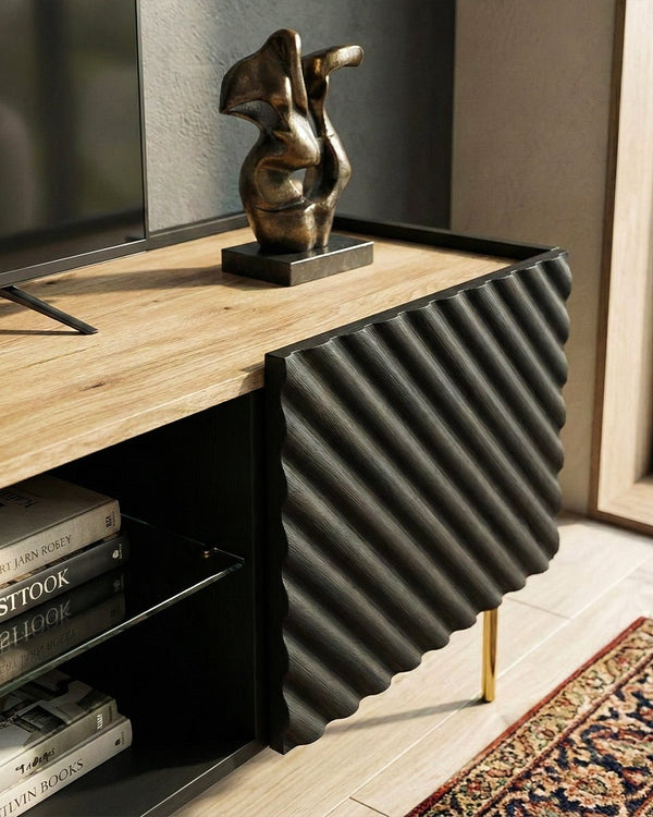 Madia Nassa - Set Marea - Mobile Tv moderno - Vano con ripiano a vetro incluso - 2 ante - L. 181 cm x H. 58 cm x P.40 cm - Nero, piedini color oro - doomostore