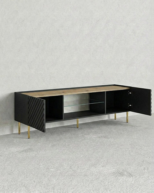 Madia Nassa - Set Marea - Mobile Tv moderno - Vano con ripiano a vetro incluso - 2 ante - L. 181 cm x H. 58 cm x P.40 cm - Nero, piedini color oro - doomostore
