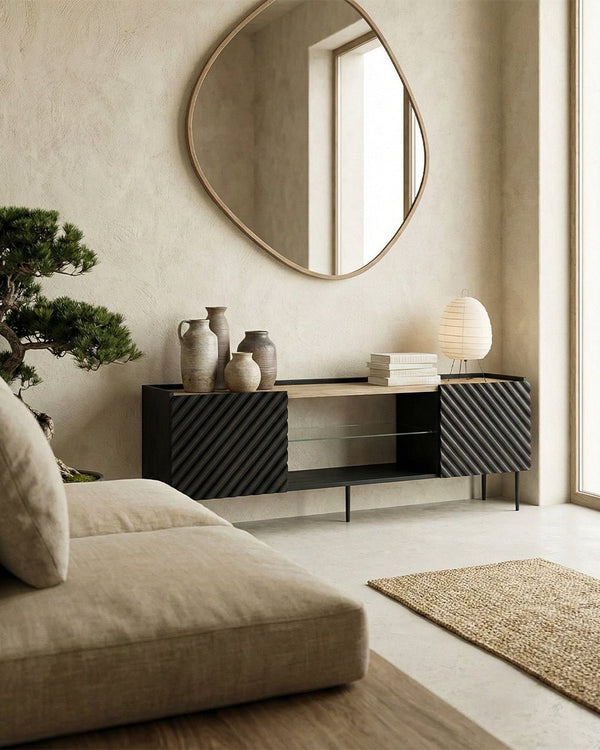 Madia Manta - Set Marea - Mobile Tv moderno - Vano con ripiano a vetro incluso - 2 ante - L. 181 cm x H. 58 cm x P.40 cm - Nero, piedini color nero - doomostore