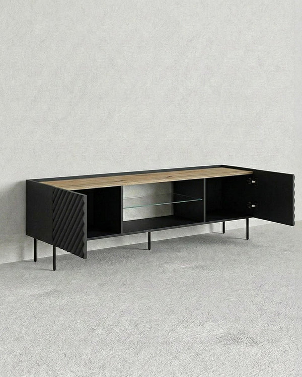 Madia Manta - Set Marea - Mobile Tv moderno - Vano con ripiano a vetro incluso - 2 ante - L. 181 cm x H. 58 cm x P.40 cm - Nero, piedini color nero - doomostore