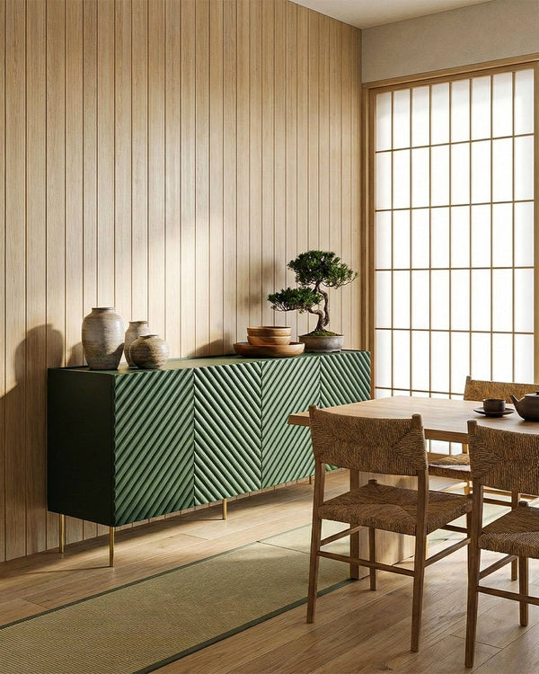 Madia Beluga - Set Marea - Mobile alto per soggiorno, moderno - 4 ante e 2 cassetti interni inclusi - L. 200 cm x H. 85 cm x P.45 cm - Verde, piedini color oro - doomostore