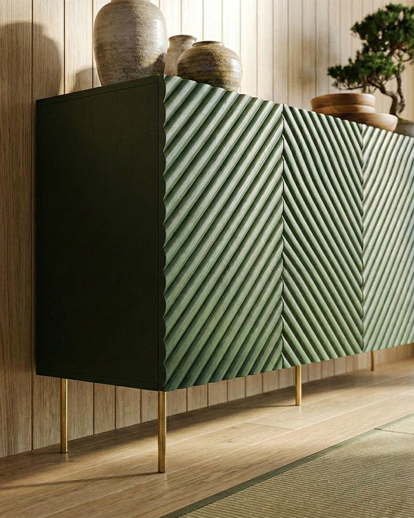 Madia Beluga - Set Marea - Mobile alto per soggiorno, moderno - 4 ante e 2 cassetti interni inclusi - L. 200 cm x H. 85 cm x P.45 cm - Verde, piedini color oro - doomostore