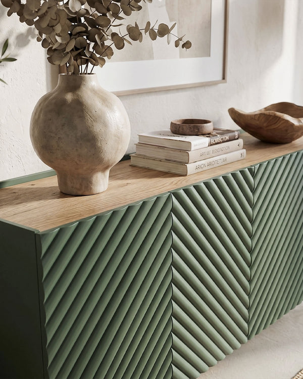 Madia Beluga - Set Marea - Mobile alto per soggiorno, moderno - 4 ante e 2 cassetti interni inclusi - L. 200 cm x H. 85 cm x P.45 cm - Verde, piedini color oro - doomostore