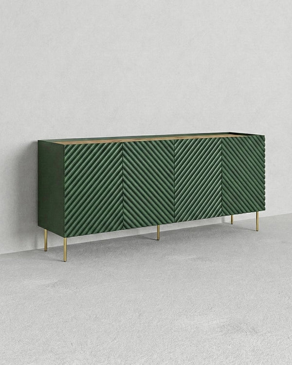 Madia Beluga - Set Marea - Mobile alto per soggiorno, moderno - 4 ante e 2 cassetti interni inclusi - L. 200 cm x H. 85 cm x P.45 cm - Verde, piedini color oro - doomostore