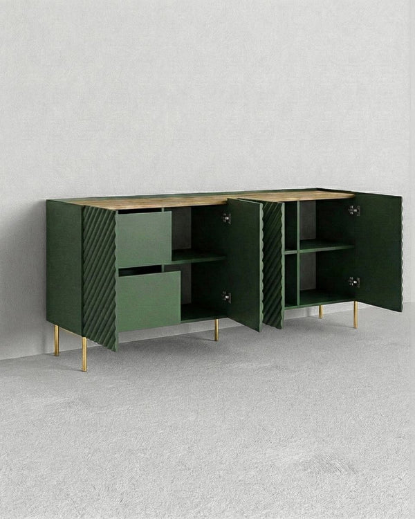 Madia Beluga - Set Marea - Mobile alto per soggiorno, moderno - 4 ante e 2 cassetti interni inclusi - L. 200 cm x H. 85 cm x P.45 cm - Verde, piedini color oro - doomostore