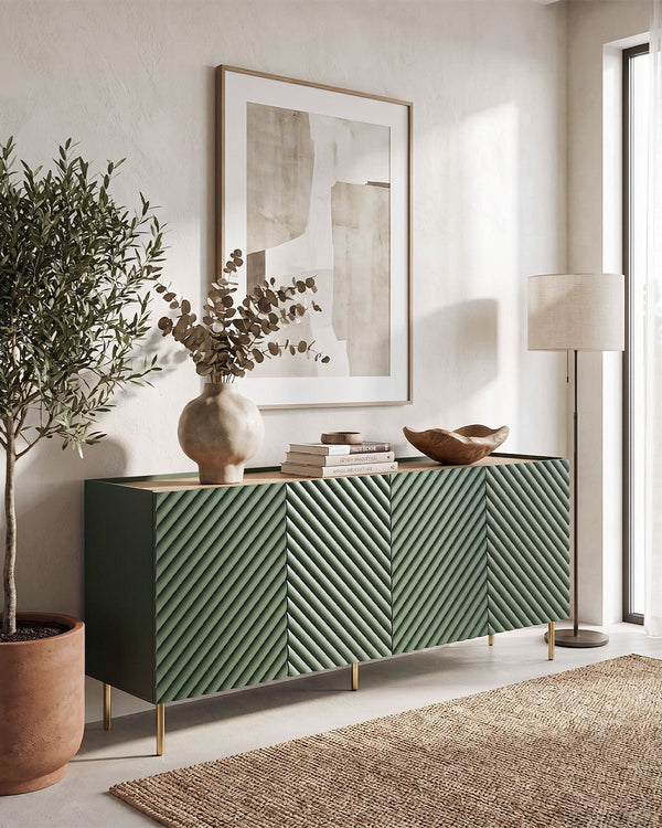 Madia Beluga - Set Marea - Mobile alto per soggiorno, moderno - 4 ante e 2 cassetti interni inclusi - L. 200 cm x H. 85 cm x P.45 cm - Verde, piedini color oro - doomostore