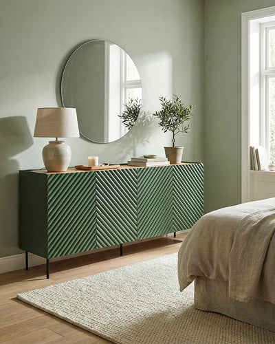 Madia Mure - Set Marea - Mobile alto per soggiorno, moderno - 4 ante e 2 cassetti interni inclusi - L. 200 cm x H. 85 cm x P.45 cm - Verde, piedini color nero