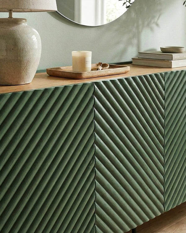 Madia Mure - Set Marea - Mobile alto per soggiorno, moderno - 4 ante e 2 cassetti interni inclusi - L. 200 cm x H. 85 cm x P.45 cm - Verde, piedini color nero - doomostore