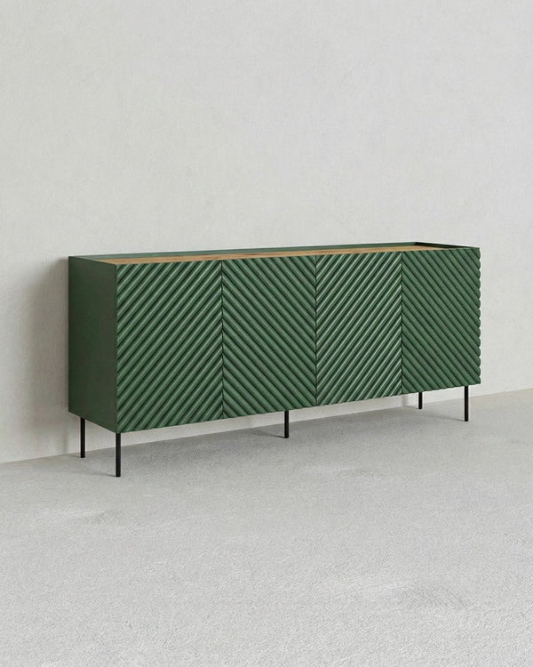 Madia Mure - Set Marea - Mobile alto per soggiorno, moderno - 4 ante e 2 cassetti interni inclusi - L. 200 cm x H. 85 cm x P.45 cm - Verde, piedini color nero - doomostore
