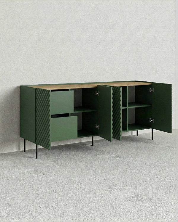 Madia Mure - Set Marea - Mobile alto per soggiorno, moderno - 4 ante e 2 cassetti interni inclusi - L. 200 cm x H. 85 cm x P.45 cm - Verde, piedini color nero - doomostore