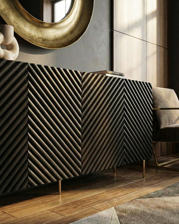 Madia Lamina - Set Marea - Mobile alto per soggiorno, moderno - 4 ante e 2 cassetti interni inclusi - L. 200 cm x H. 85 cm x P.45 cm - Nero, piedini color oro - doomostore