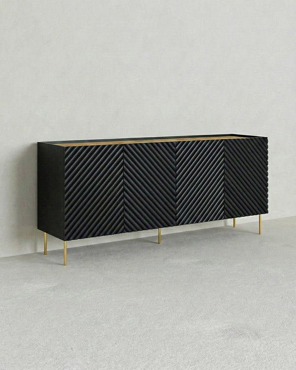 Madia Lamina - Set Marea - Mobile alto per soggiorno, moderno - 4 ante e 2 cassetti interni inclusi - L. 200 cm x H. 85 cm x P.45 cm - Nero, piedini color oro - doomostore