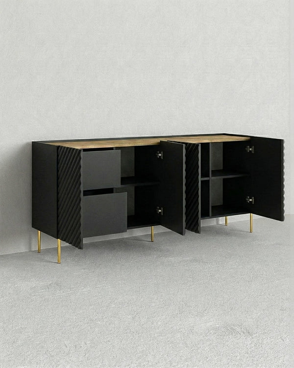 Madia Lamina - Set Marea - Mobile alto per soggiorno, moderno - 4 ante e 2 cassetti interni inclusi - L. 200 cm x H. 85 cm x P.45 cm - Nero, piedini color oro - doomostore