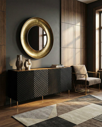 Madia Lamina - Set Marea - Mobile alto per soggiorno, moderno - 4 ante e 2 cassetti interni inclusi - L. 200 cm x H. 85 cm x P.45 cm - Nero, piedini color oro