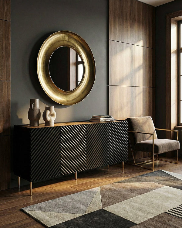 Madia Lamina - Set Marea - Mobile alto per soggiorno, moderno - 4 ante e 2 cassetti interni inclusi - L. 200 cm x H. 85 cm x P.45 cm - Nero, piedini color oro - doomostore