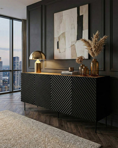 Madia Ploca - Set Marea - Mobile alto per soggiorno, moderno - 4 ante e 2 cassetti interni inclusi - L. 200 cm x H. 85 cm x P.45 cm - Nero, piedini color nero