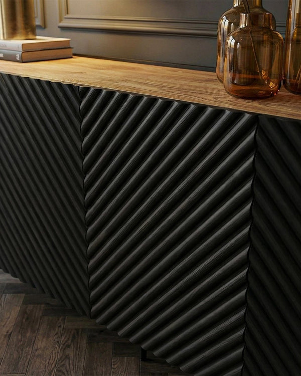 Madia Ploca - Set Marea - Mobile alto per soggiorno, moderno - 4 ante e 2 cassetti interni inclusi - L. 200 cm x H. 85 cm x P.45 cm - Nero, piedini color nero - doomostore