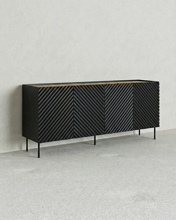 Madia Ploca - Set Marea - Mobile alto per soggiorno, moderno - 4 ante e 2 cassetti interni inclusi - L. 200 cm x H. 85 cm x P.45 cm - Nero, piedini color nero - doomostore