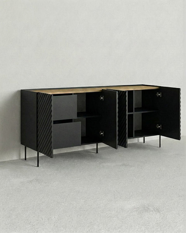 Madia Ploca - Set Marea - Mobile alto per soggiorno, moderno - 4 ante e 2 cassetti interni inclusi - L. 200 cm x H. 85 cm x P.45 cm - Nero, piedini color nero - doomostore