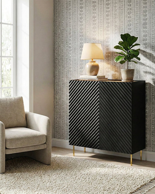 Madia Taonia - Set Marea - Mobile alto per soggiorno, moderno - 2 ante e 2 cassetti interni inclusi - L. 98 cm x H. 127 cm x P.45 cm - Nero, piedini color oro - doomostore