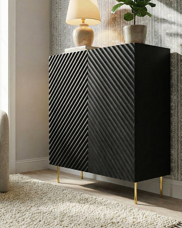 Madia Taonia - Set Marea - Mobile alto per soggiorno, moderno - 2 ante e 2 cassetti interni inclusi - L. 98 cm x H. 127 cm x P.45 cm - Nero, piedini color oro - doomostore