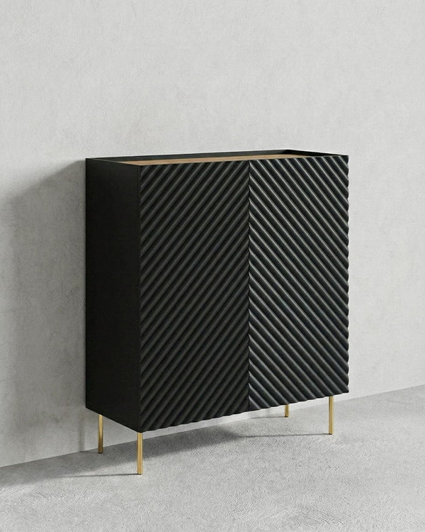 Madia Taonia - Set Marea - Mobile alto per soggiorno, moderno - 2 ante e 2 cassetti interni inclusi - L. 98 cm x H. 127 cm x P.45 cm - Nero, piedini color oro - doomostore