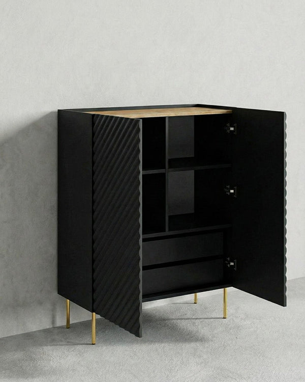 Madia Taonia - Set Marea - Mobile alto per soggiorno, moderno - 2 ante e 2 cassetti interni inclusi - L. 98 cm x H. 127 cm x P.45 cm - Nero, piedini color oro - doomostore