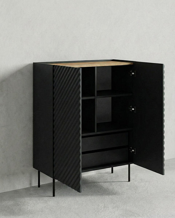 Madia Desma - Set Marea - Mobile alto per soggiorno, moderno - 2 ante e 2 cassetti interni inclusi - L. 98 cm x H. 127 cm x P.45 cm - Nero, piedini color nero - doomostore