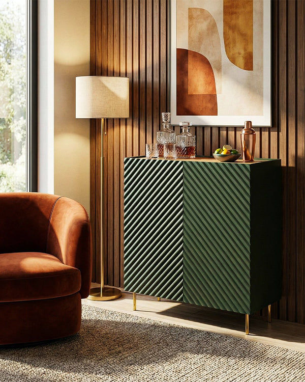 Madia Entero - Set Marea - Mobile alto per soggiorno, moderno - 2 ante e 2 cassetti interni inclusi - L. 98 cm x H. 127 cm x P.45 cm - Verde, piedini color oro - doomostore