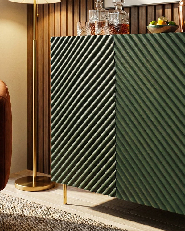 Madia Entero - Set Marea - Mobile alto per soggiorno, moderno - 2 ante e 2 cassetti interni inclusi - L. 98 cm x H. 127 cm x P.45 cm - Verde, piedini color oro - doomostore