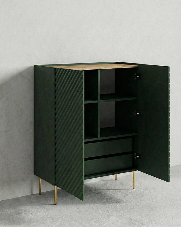 Madia Entero - Set Marea - Mobile alto per soggiorno, moderno - 2 ante e 2 cassetti interni inclusi - L. 98 cm x H. 127 cm x P.45 cm - Verde, piedini color oro - doomostore
