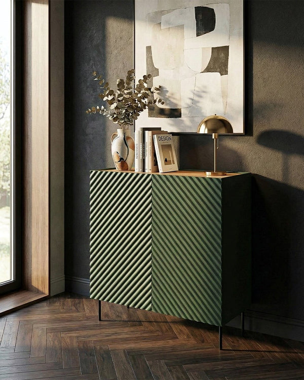 Madia Palma - Set Marea - Mobile alto per soggiorno, moderno - 2 ante e 2 cassetti interni inclusi - L. 98 cm x H. 127 cm x P.45 cm - Verde, piedini color nero - doomostore