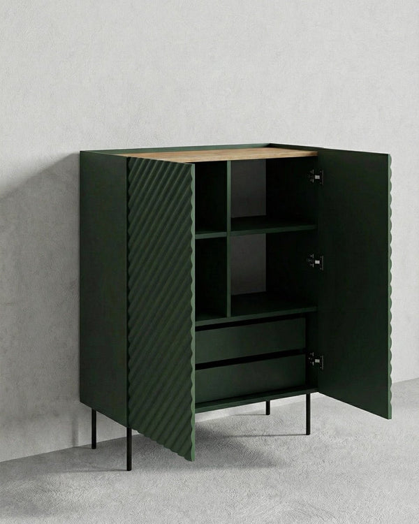 Madia Palma - Set Marea - Mobile alto per soggiorno, moderno - 2 ante e 2 cassetti interni inclusi - L. 98 cm x H. 127 cm x P.45 cm - Verde, piedini color nero - doomostore