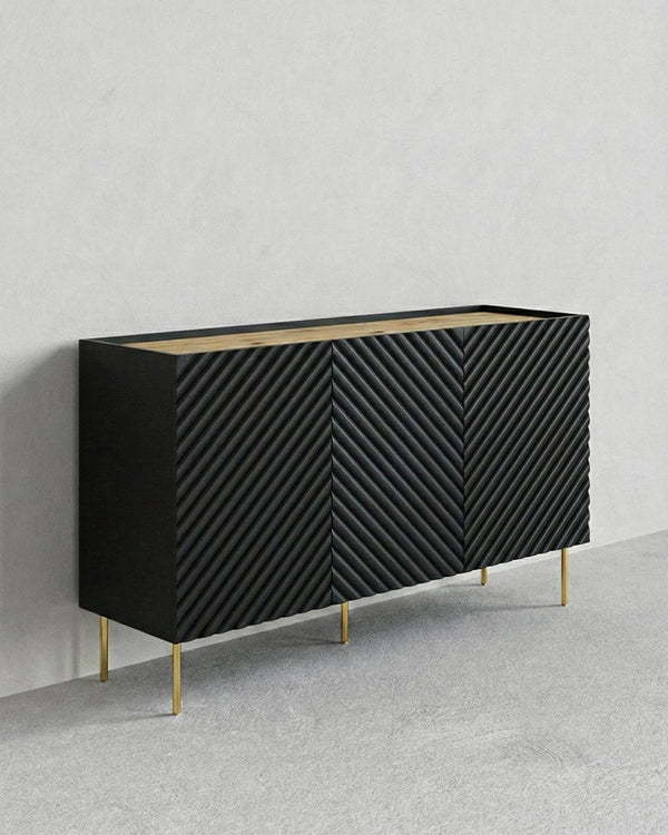 Madia Iridea - Set Marea - Mobile alto per soggiorno, moderno - 3 ante e 2 cassetti interni inclusi - L. 150 cm x H. 85 cm x P.45 cm - Nero, piedini color oro - doomostore