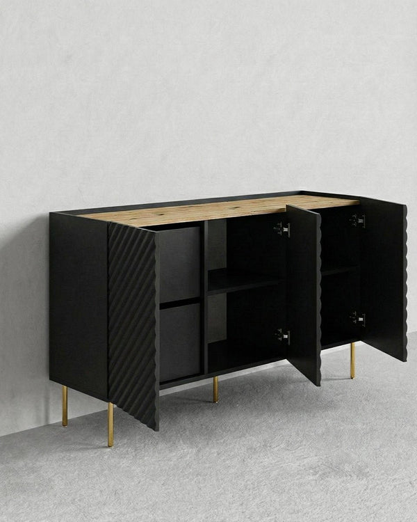 Madia Iridea - Set Marea - Mobile alto per soggiorno, moderno - 3 ante e 2 cassetti interni inclusi - L. 150 cm x H. 85 cm x P.45 cm - Nero, piedini color oro - doomostore