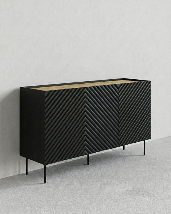 Madia Grate - Set Marea - Mobile alto per soggiorno, moderno - 3 ante e 2 cassetti interni inclusi - L. 150 cm x H. 85 cm x P.45 cm - Nero, piedini color nero - doomostore