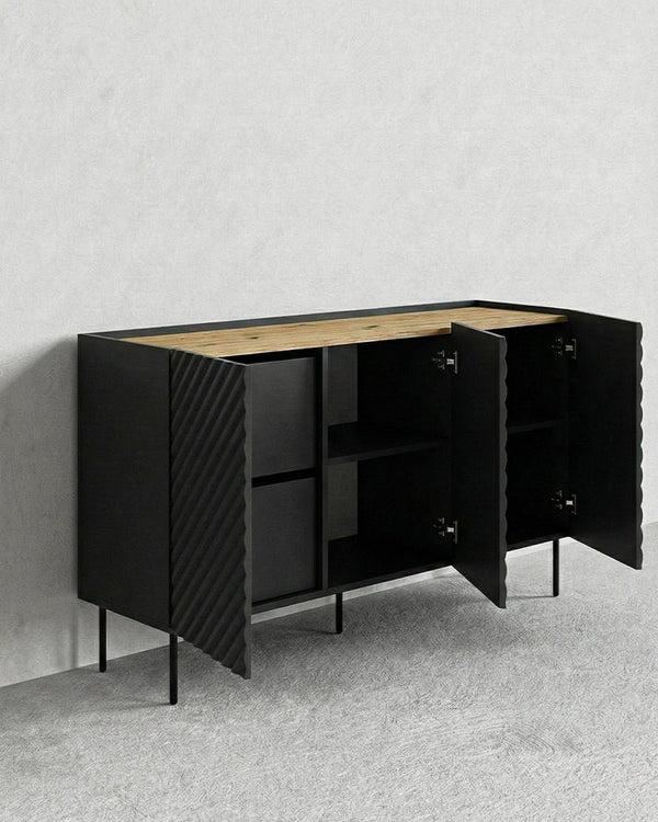 Madia Grate - Set Marea - Mobile alto per soggiorno, moderno - 3 ante e 2 cassetti interni inclusi - L. 150 cm x H. 85 cm x P.45 cm - Nero, piedini color nero - doomostore