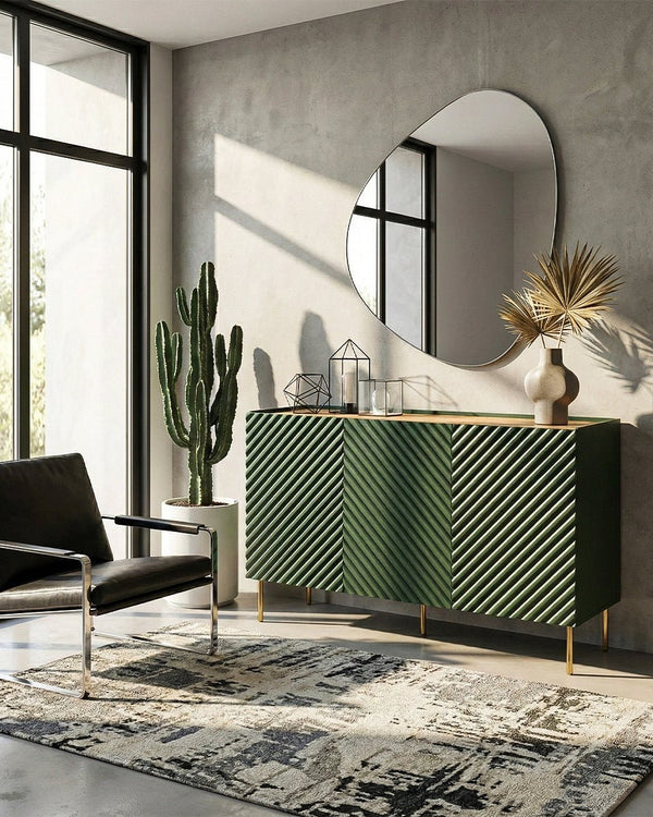 Madia Zonari - Set Marea - Mobile alto per soggiorno, moderno - 3 ante e 2 cassetti interni inclusi - L. 150 cm x H. 85 cm x P.45 cm - Verde, piedini color oro - doomostore