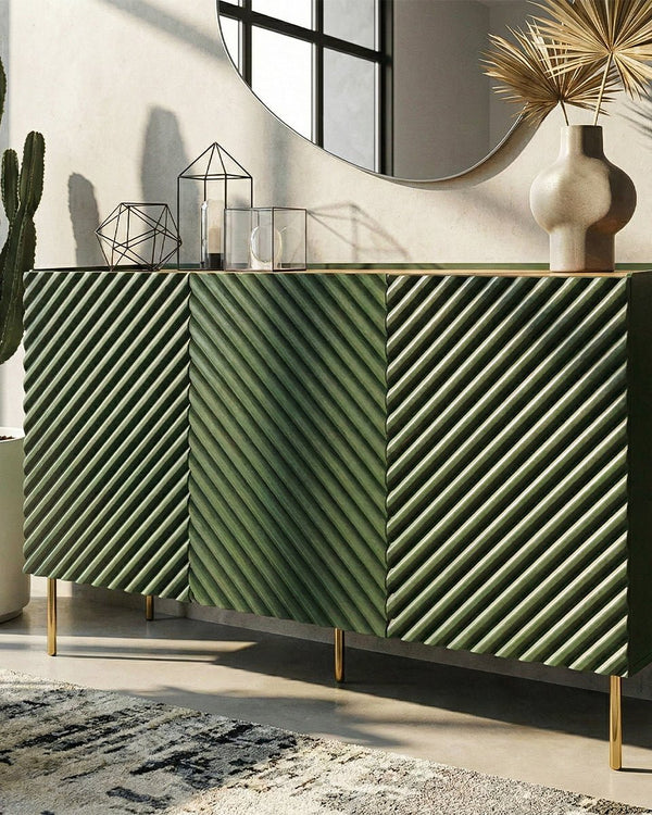 Madia Zonari - Set Marea - Mobile alto per soggiorno, moderno - 3 ante e 2 cassetti interni inclusi - L. 150 cm x H. 85 cm x P.45 cm - Verde, piedini color oro - doomostore