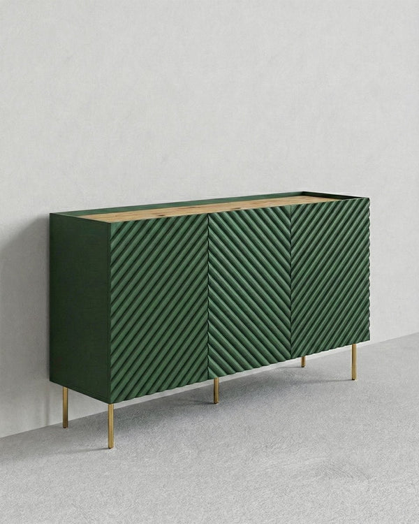 Madia Zonari - Set Marea - Mobile alto per soggiorno, moderno - 3 ante e 2 cassetti interni inclusi - L. 150 cm x H. 85 cm x P.45 cm - Verde, piedini color oro - doomostore