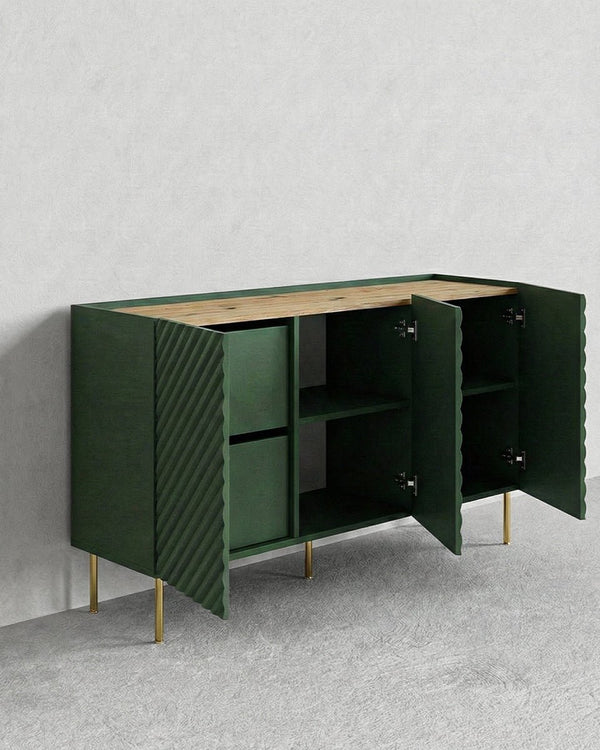 Madia Zonari - Set Marea - Mobile alto per soggiorno, moderno - 3 ante e 2 cassetti interni inclusi - L. 150 cm x H. 85 cm x P.45 cm - Verde, piedini color oro - doomostore