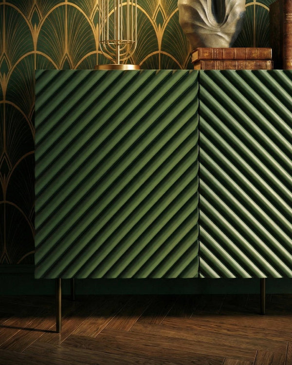 Madia Culteria - Set Marea - Mobile alto per soggiorno, moderno - 3 ante e 2 cassetti interni inclusi - L. 150 cm x H. 85 cm x P.45 cm - Verde, piedini color nero - doomostore