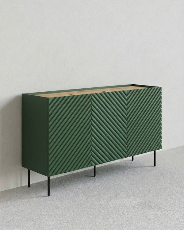 Madia Culteria - Set Marea - Mobile alto per soggiorno, moderno - 3 ante e 2 cassetti interni inclusi - L. 150 cm x H. 85 cm x P.45 cm - Verde, piedini color nero - doomostore
