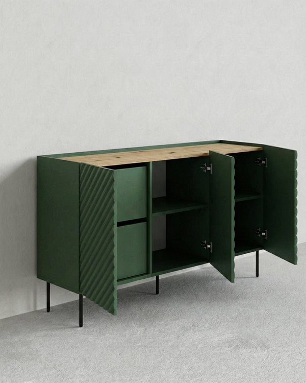 Madia Culteria - Set Marea - Mobile alto per soggiorno, moderno - 3 ante e 2 cassetti interni inclusi - L. 150 cm x H. 85 cm x P.45 cm - Verde, piedini color nero - doomostore