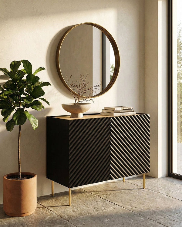 Madia Scina - Set Marea - Mobile alto per soggiorno, moderno - 2 ante - L. 98 cm x H. 85 cm x P.45 cm - Nero, piedini color oro - doomostore